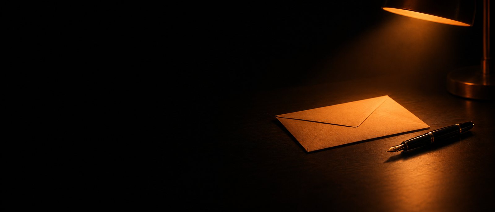 Briefumschlag und Füller auf einem Schreibtisch