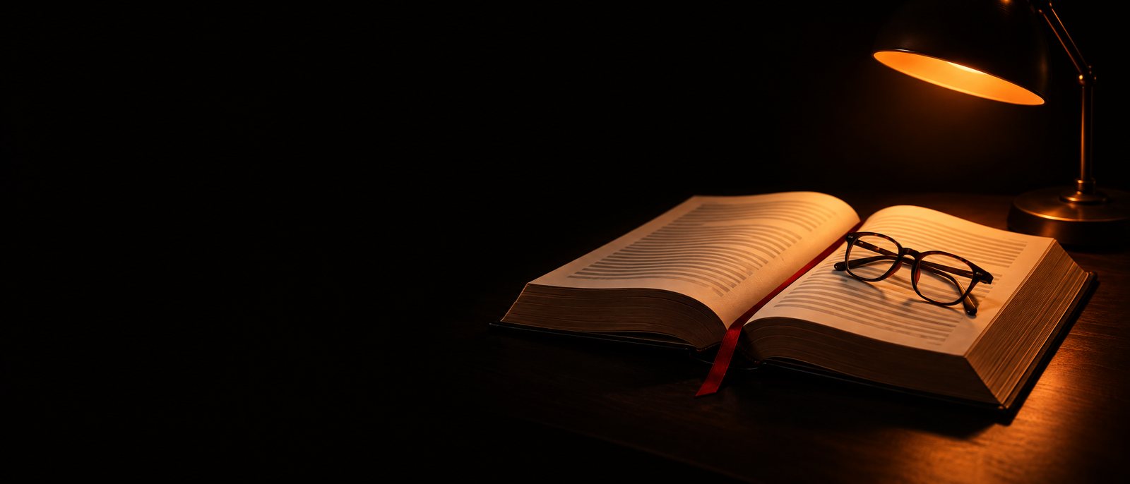 Aufgeschlagenes Gesetzbuch mit Lesezeichen und Lesebrille im Lampenlicht