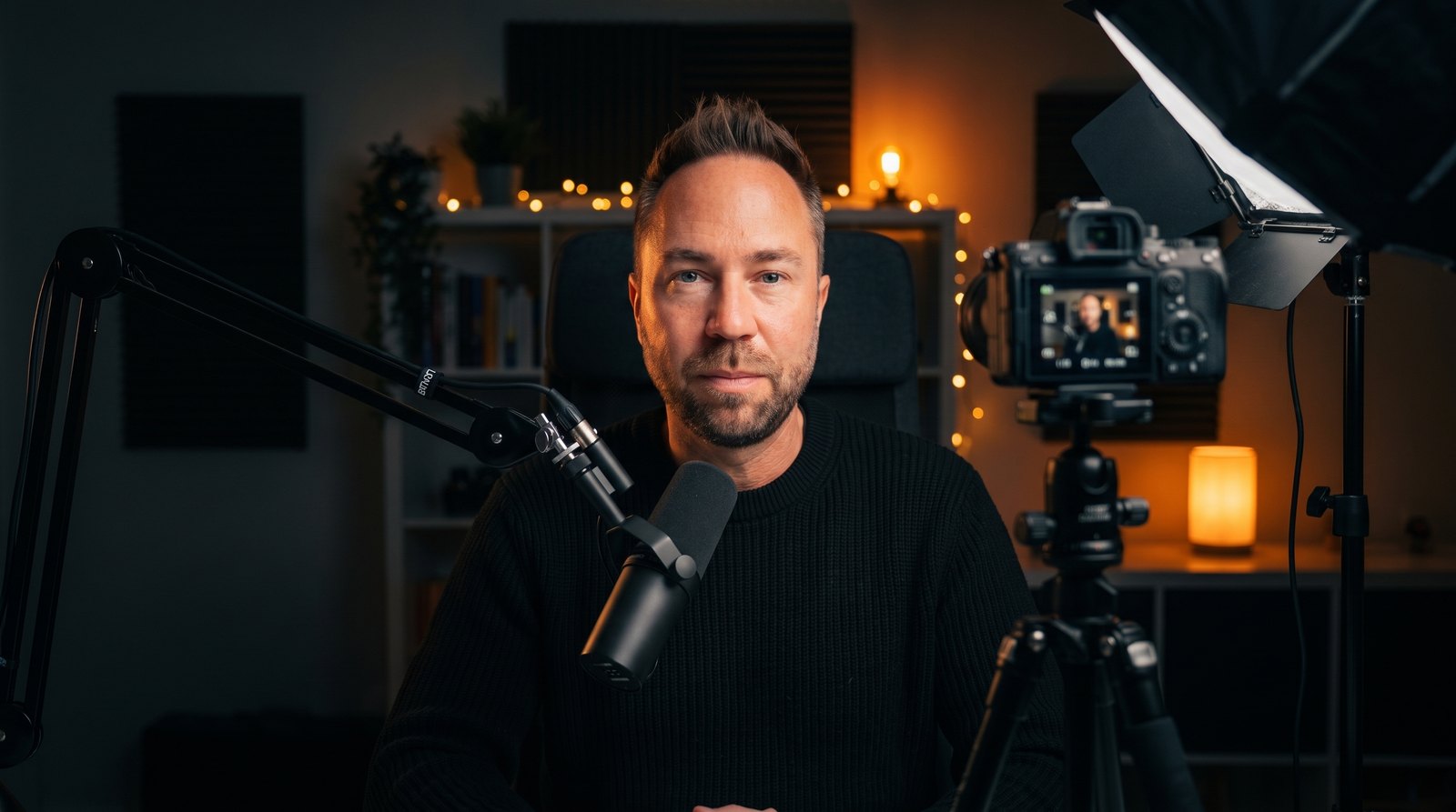 Sven Seele am Arbeitsplatz mit Kamera und Mikrofon für Video-Calls