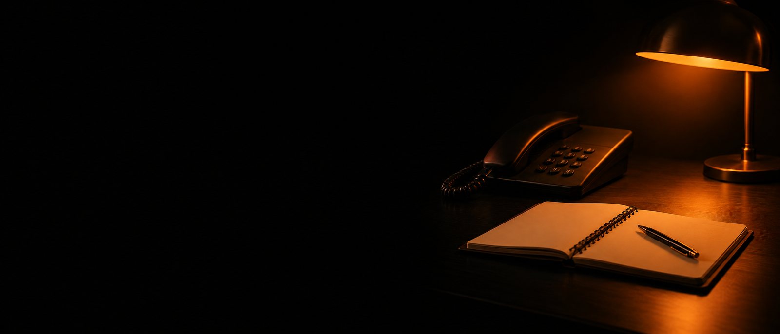 Tischtelefon und aufgeschlagener Kalender im Lampenlicht