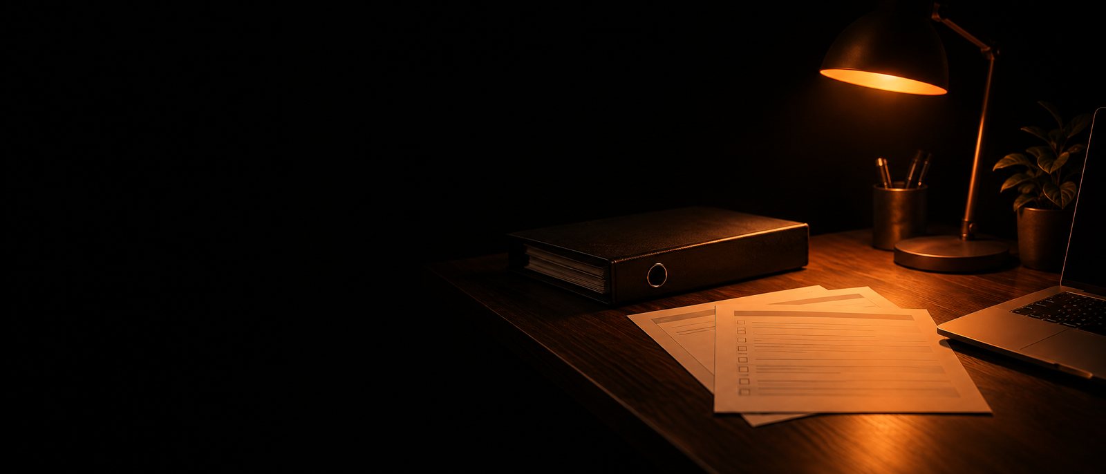 Schreibtisch am Abend mit Ordner, Checklisten und Laptop im Licht einer Lampe